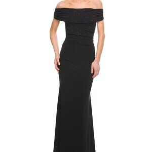La Femme Elegant Black Off-Shoulder Gown